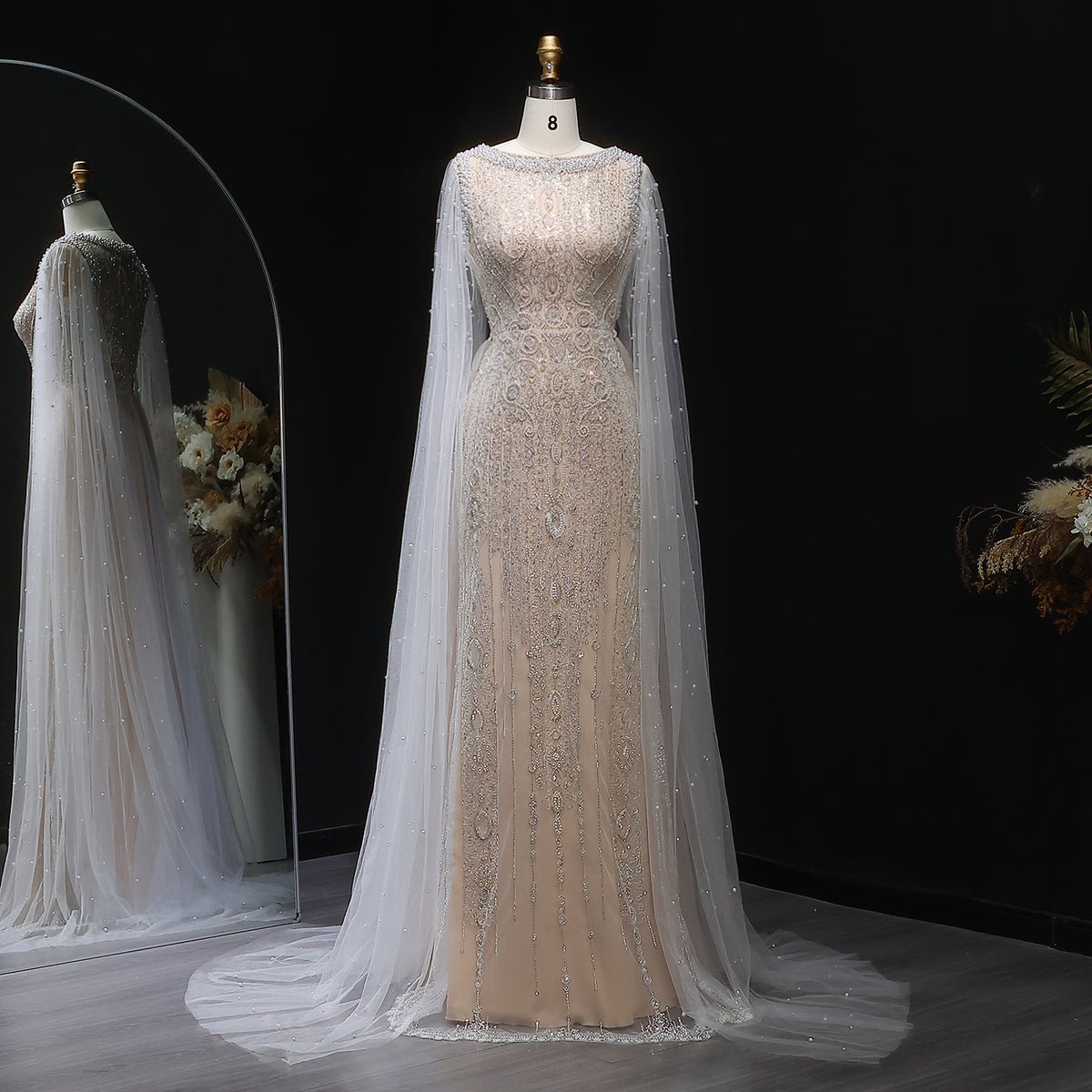 Luxury White Nude Mermaid Evening Dress with Cape Sleeves SS668