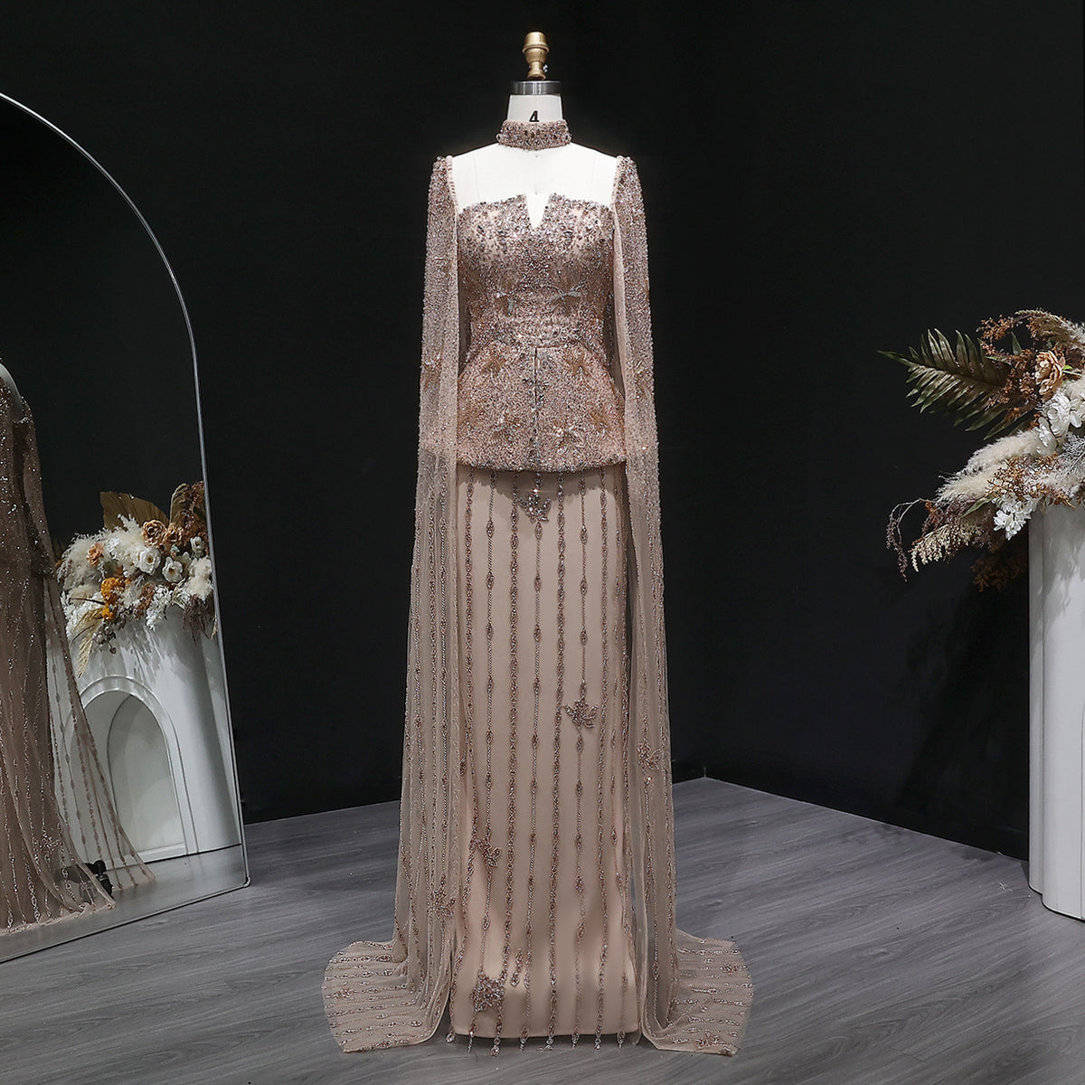 Glamorous Silver High Neck Sheer Evening Dress with Cape Sleeves SS531