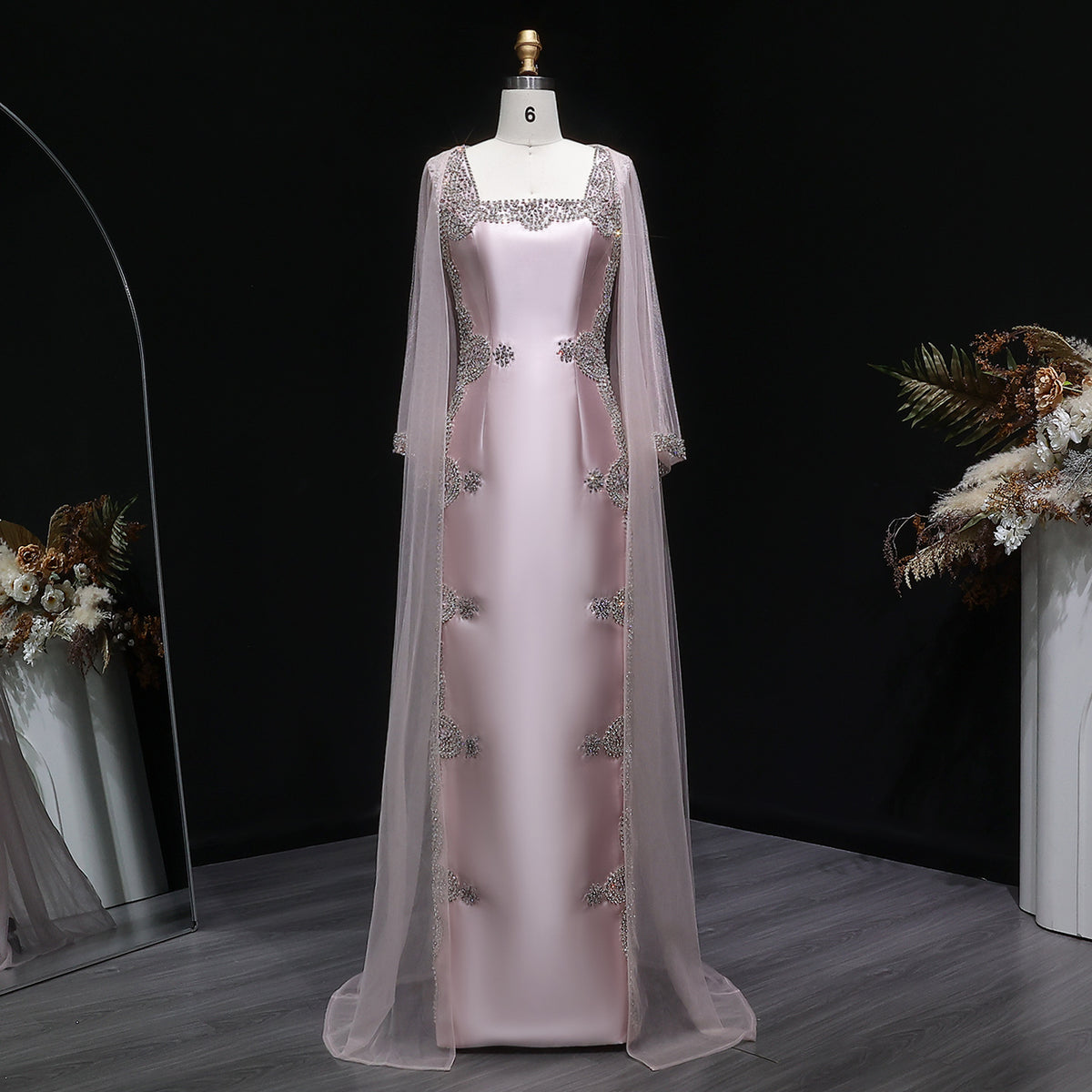Pink Crystal Beaded Red Carpet Satin Evening Dress with Cape SS326