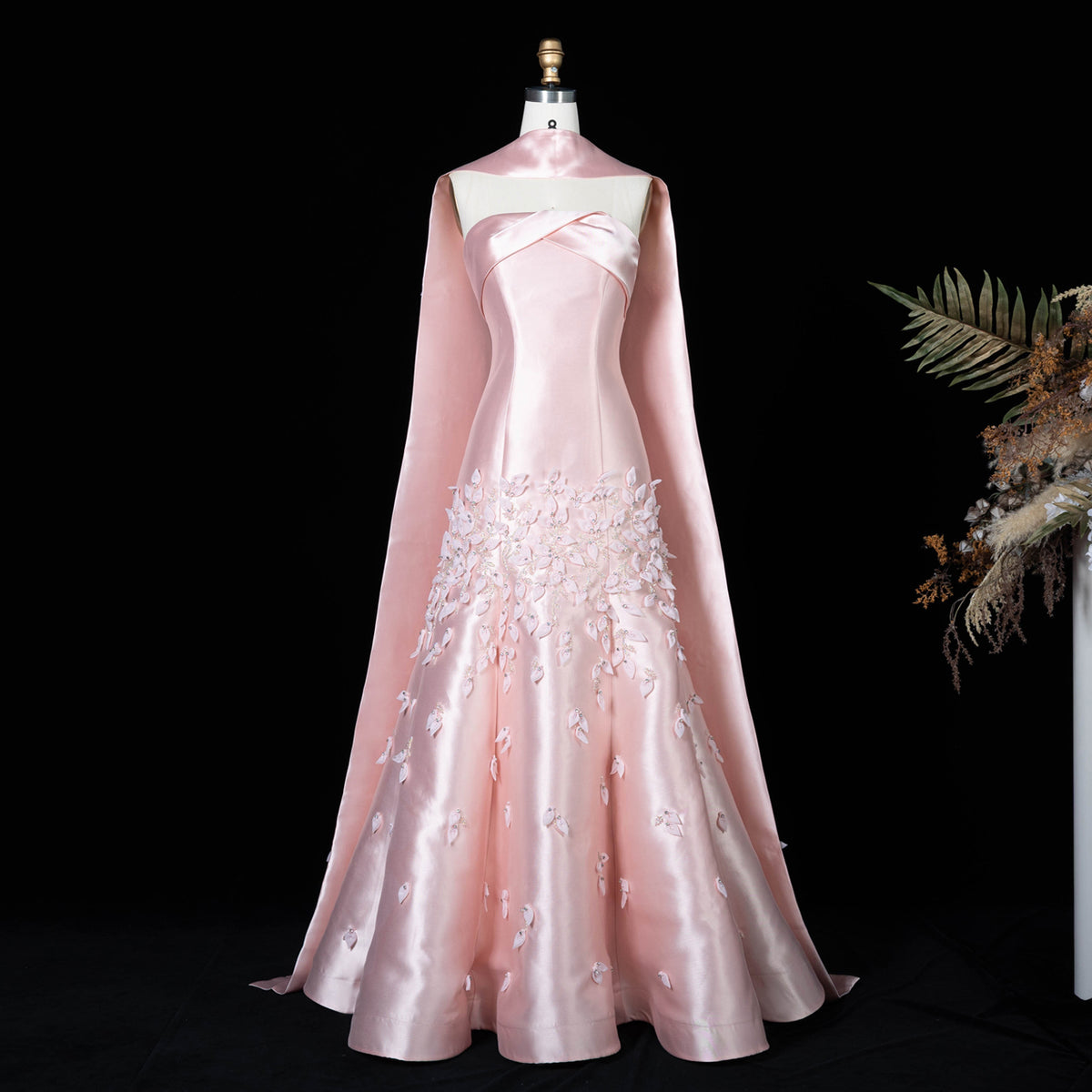 Luxury 3D Leaves Blush Pink Mermaid Evening Dress with Cape SS463