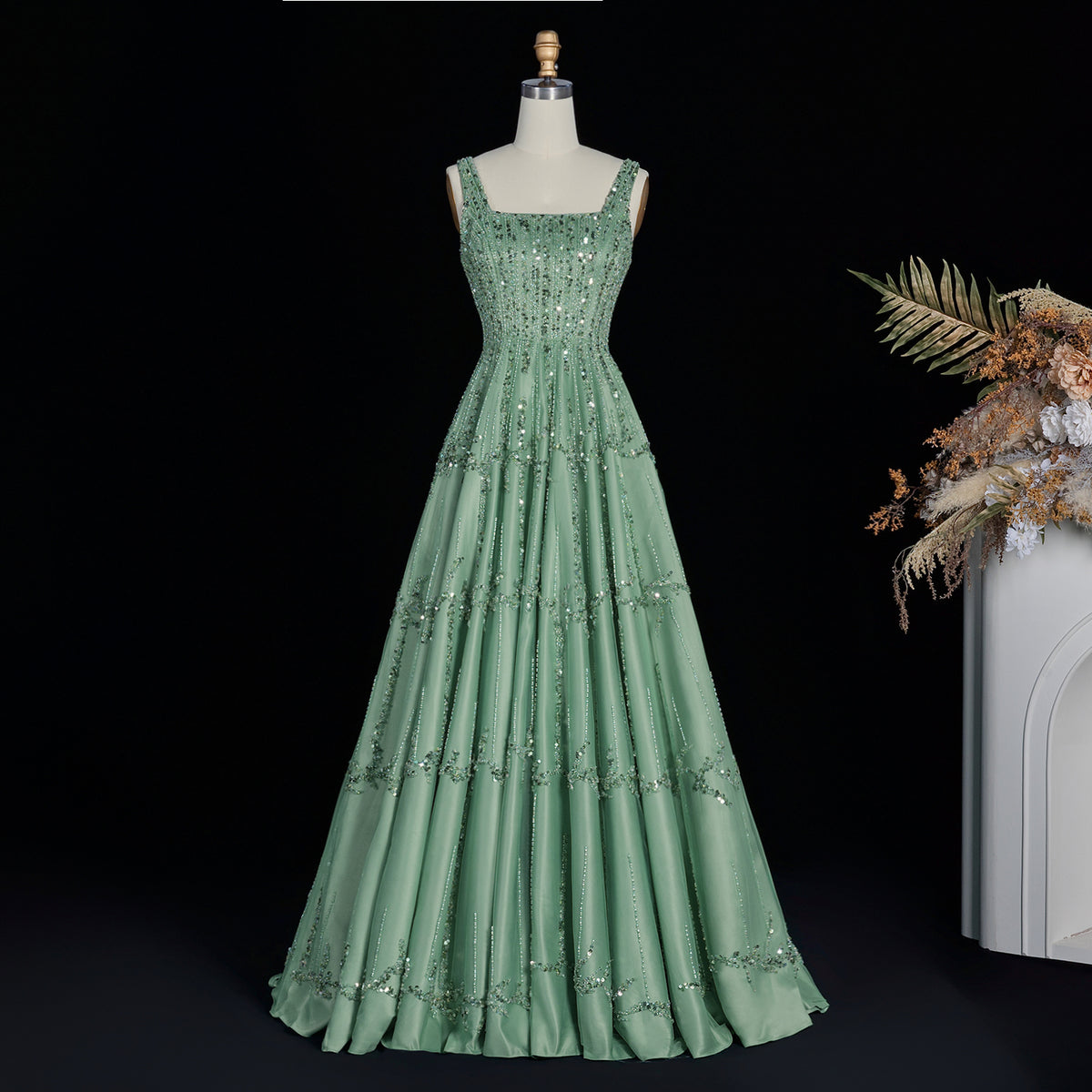 Luxury Beaded Spaghetti Straps Green Evening Dresses with Sequin SS225