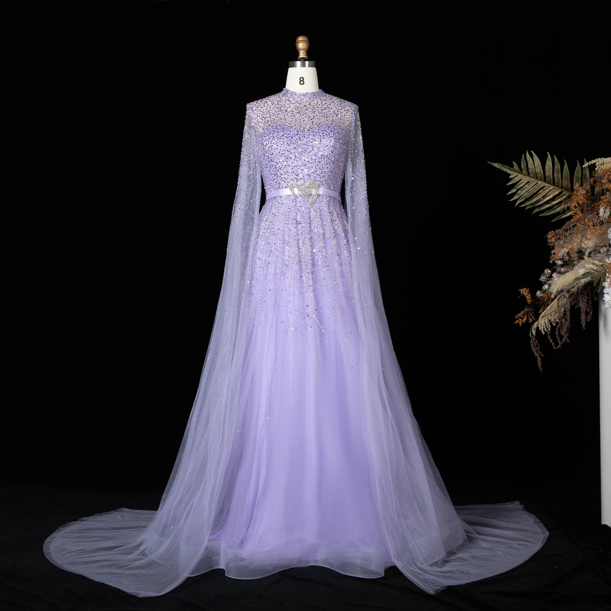 Luxury Lilac A-Line Evening Dress with Cape Sleeves SS451