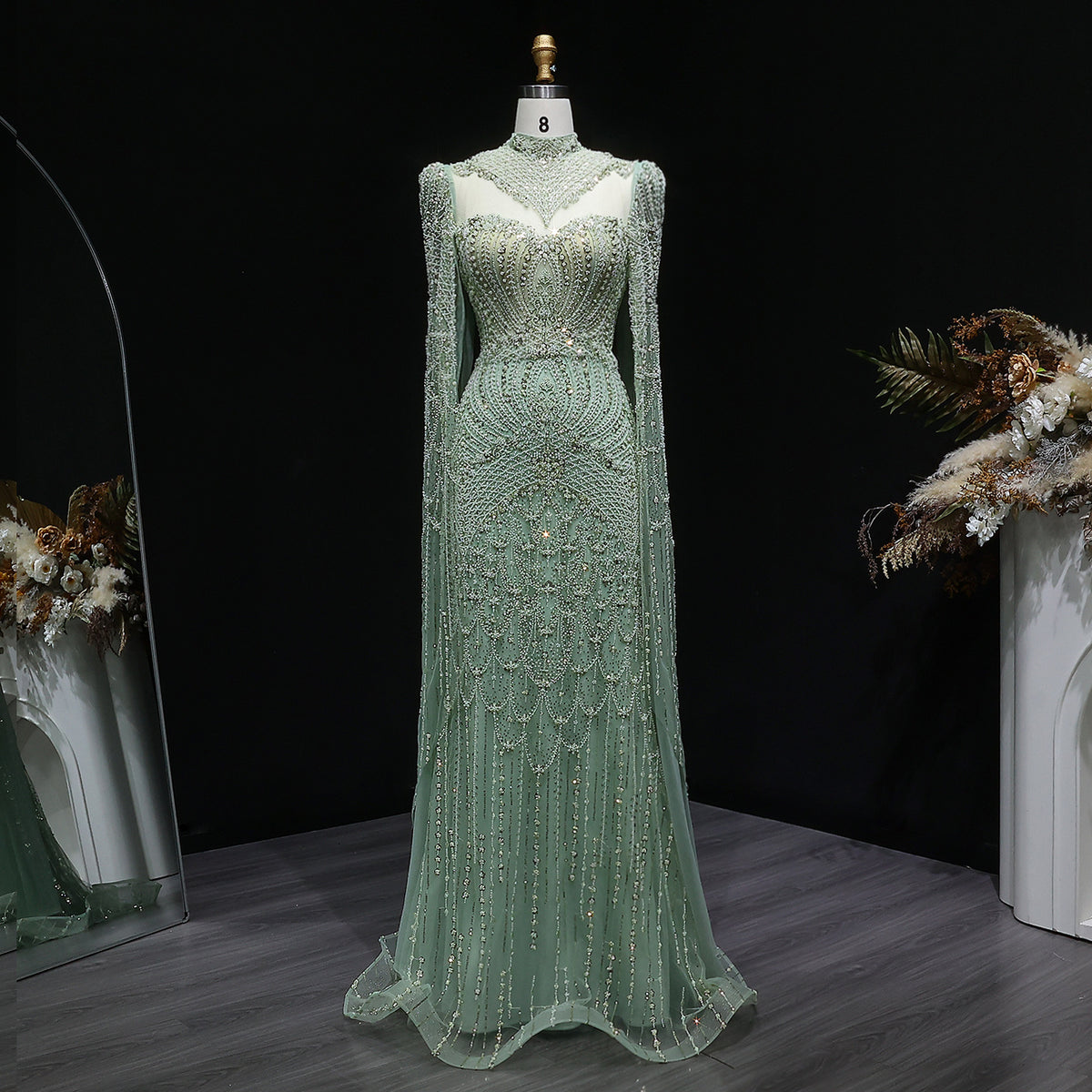Elegant Beaded Blue Evening Dress with Cape Sleeves SS079