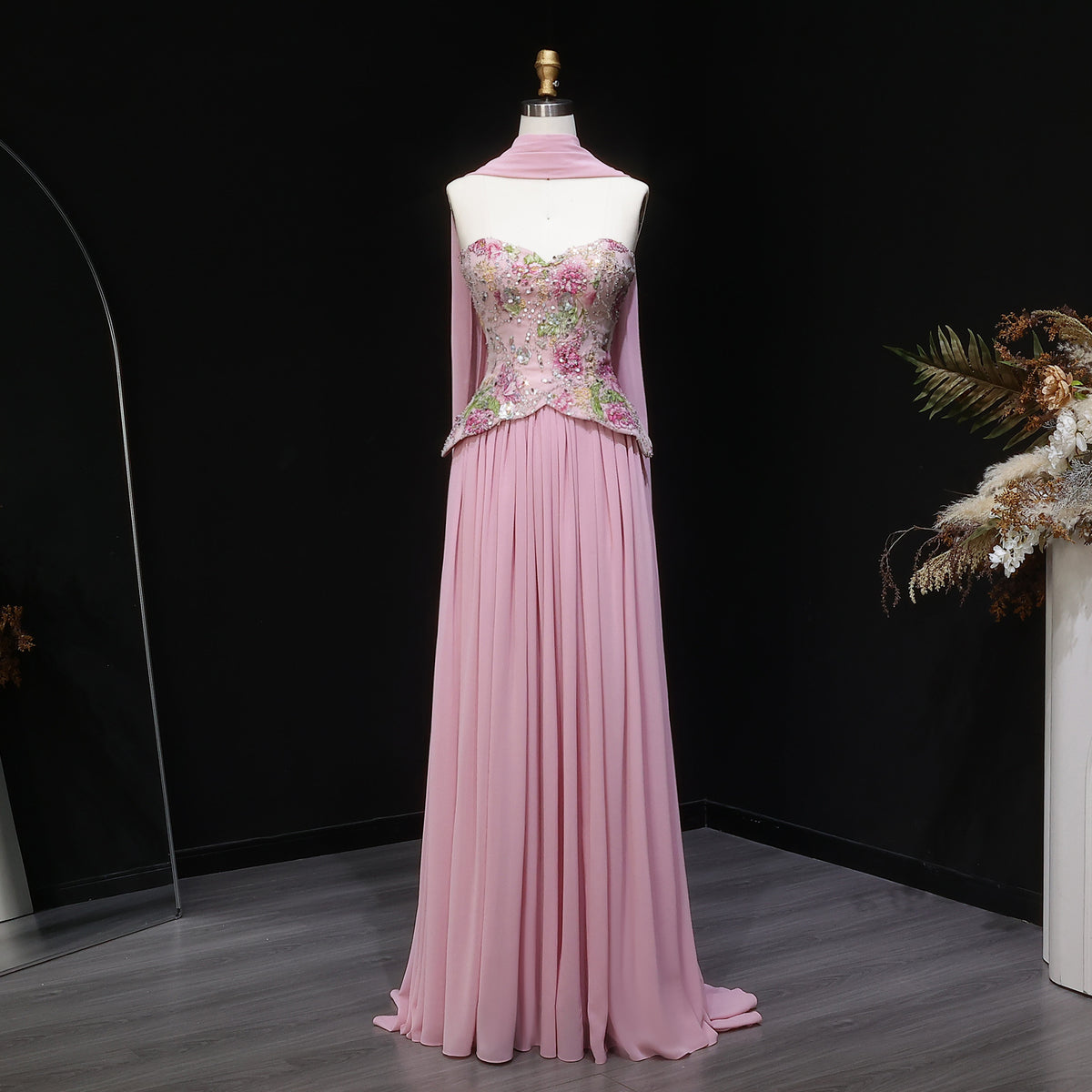 Luxury Pink Floral Embellished Peplum Evening Dress with Scarf SS480