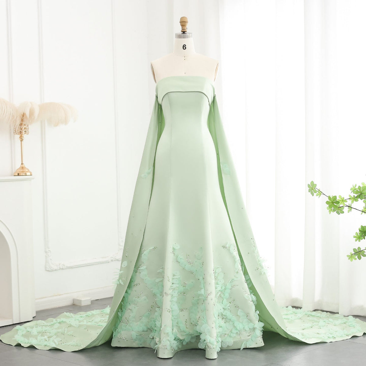 Luxury Crystal 3D Leaves Sage Green Sleeveless Evening Dress with Cape SS449