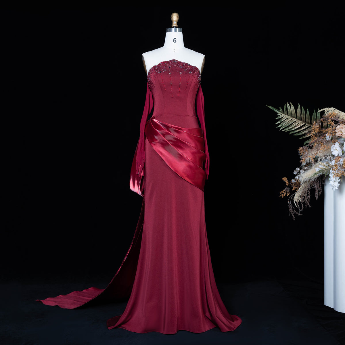 Luxury Burgundy Strapless Evening Dress with Beaded Bodice and Flowing Train SS608