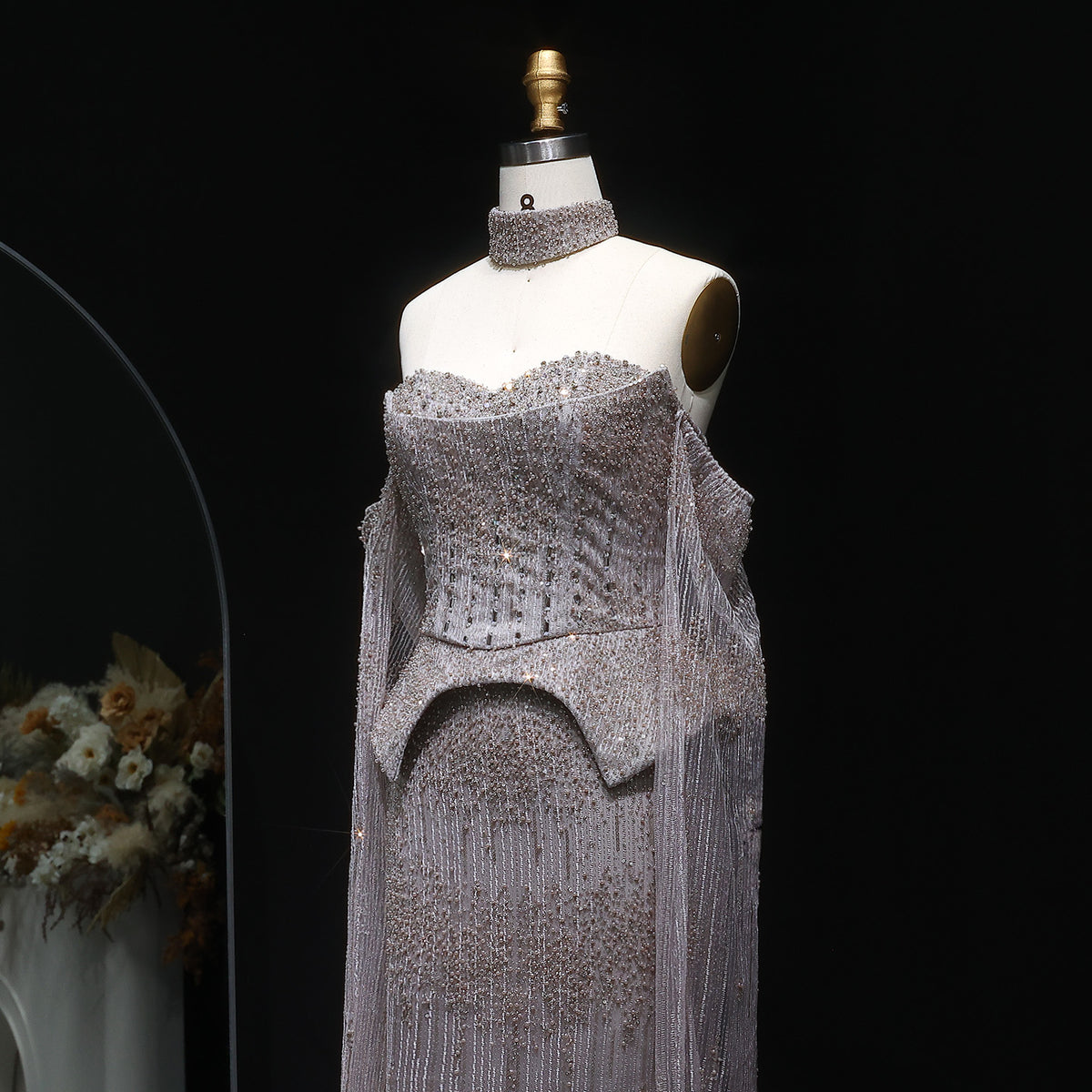 Stunning Crystal Evening Dress with Cape Sleeves SS558