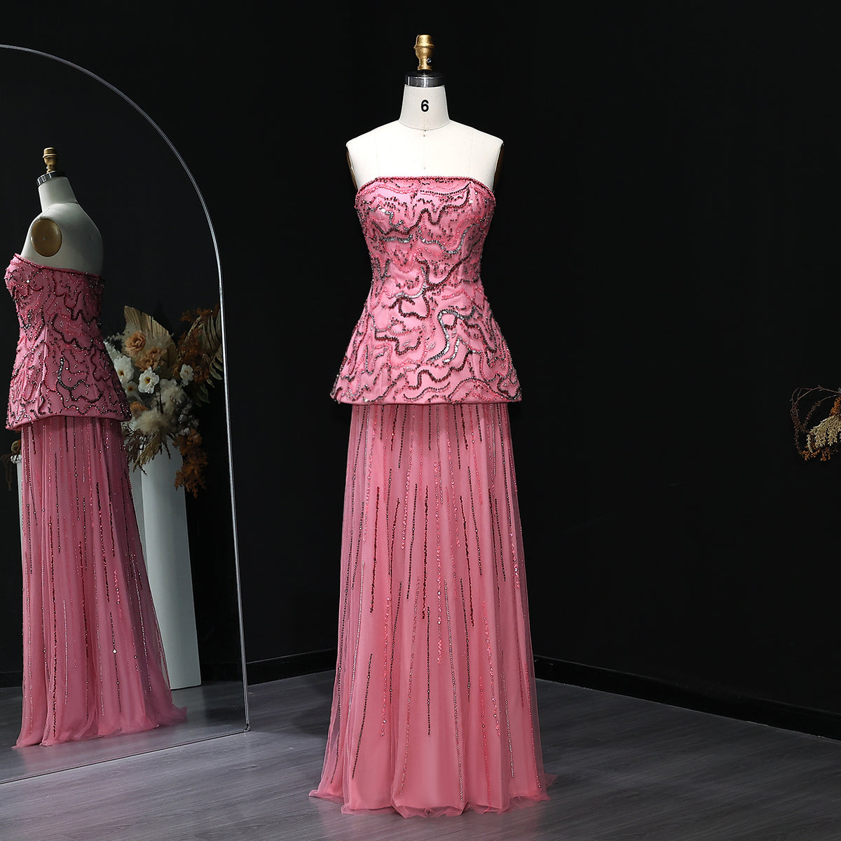 Luxury Rose Pink Crystal Sequin Two-Piece Evening Dress SS218