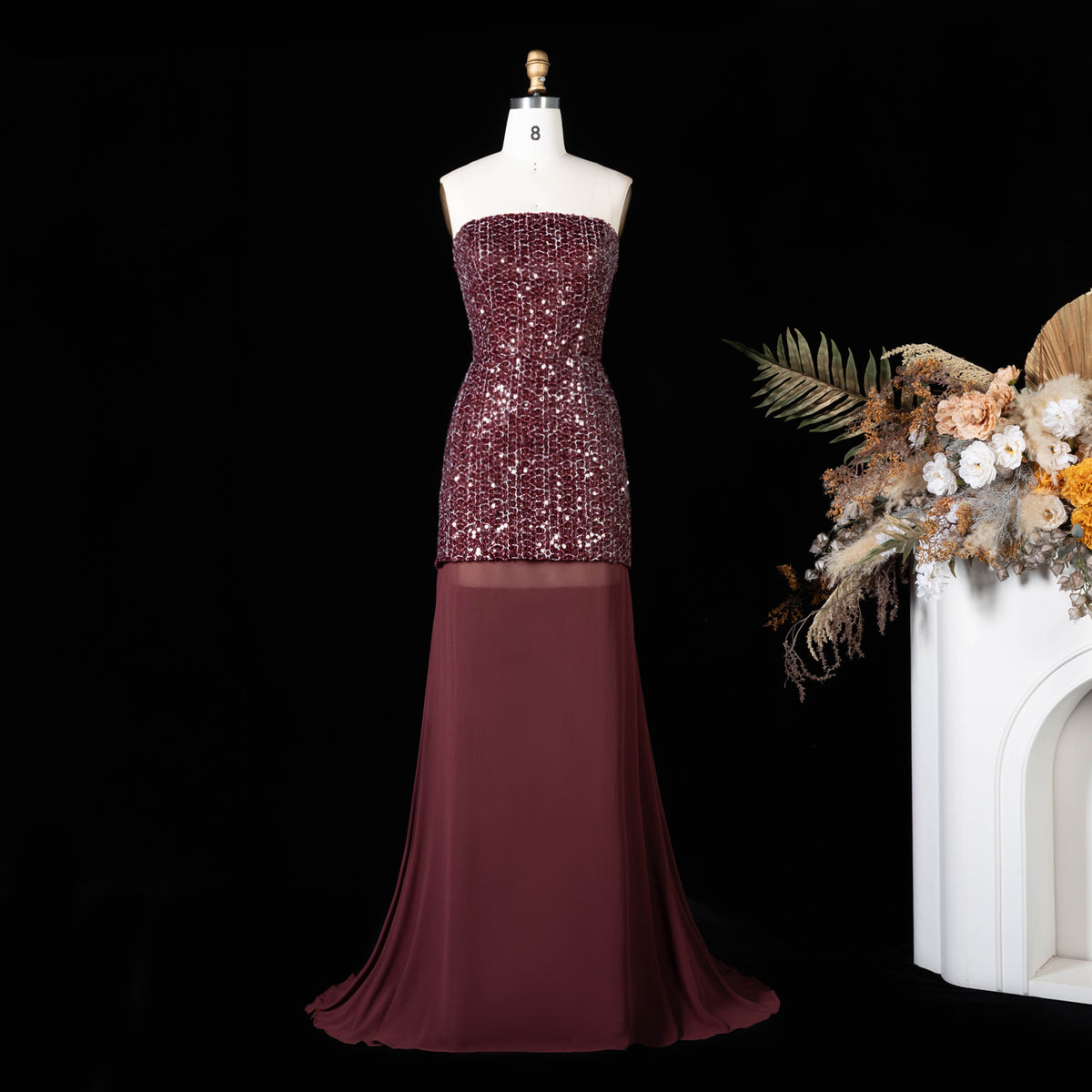 Luxury Brown Sequin Strapless Sheer Panel Evening Dress SF442