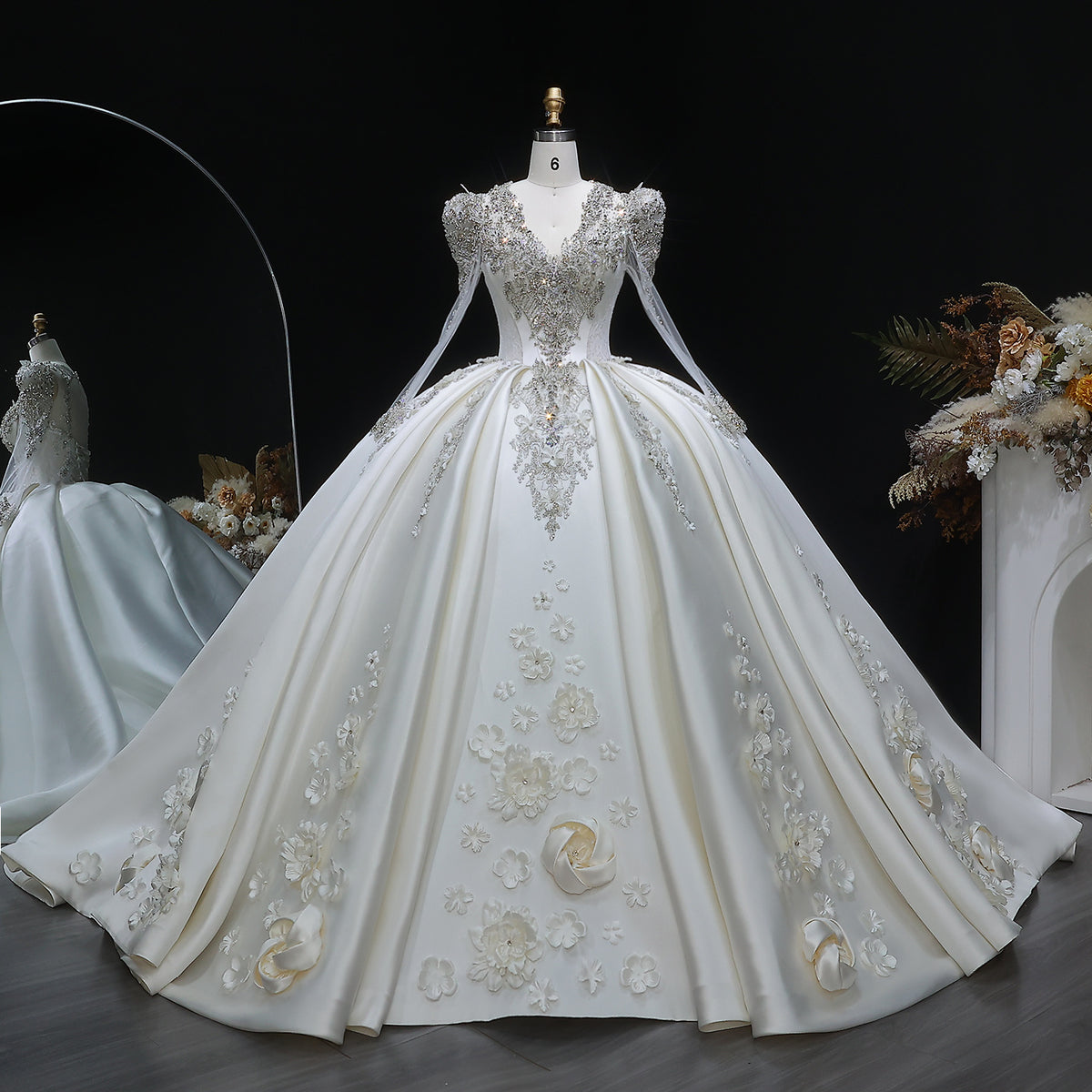 Luxury Satin 3D Floral Embroidery Long Sleeve Wedding Dress SW601