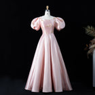 Luxury Champagne Satin Short Sleeve Evening Dress with Floral Embroidered SF516