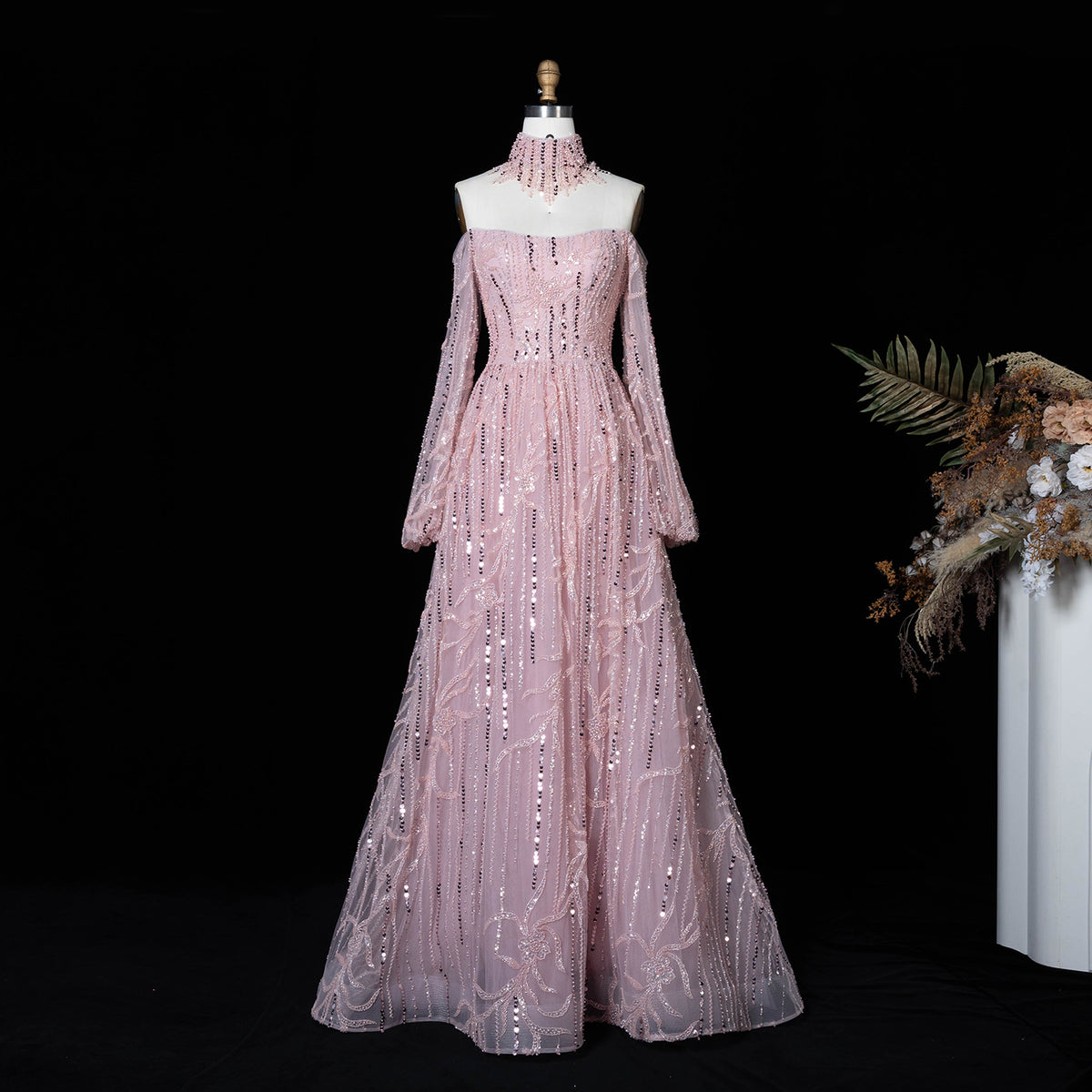 Luxury Sequined Pink Long Sleeve Formal Evening Gown High Neck Prom Dress SS411