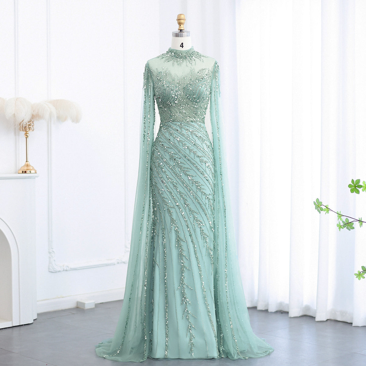 Luxury Black Nude Mermaid Evening Dresses with Cape Sleeves SS162