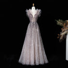 Luxury Feathers Blue V-Neck Beaded Evening Dress SS335