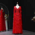 Wine Red Petal Detail Cape Sleeves Beaded Mermaid Evening Dress