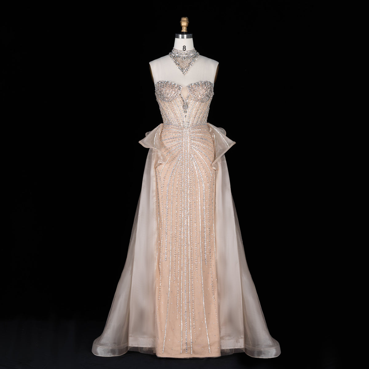Luxury Champagne Beaded Mermaid Tulle Evening Dress with Overskirt SS139