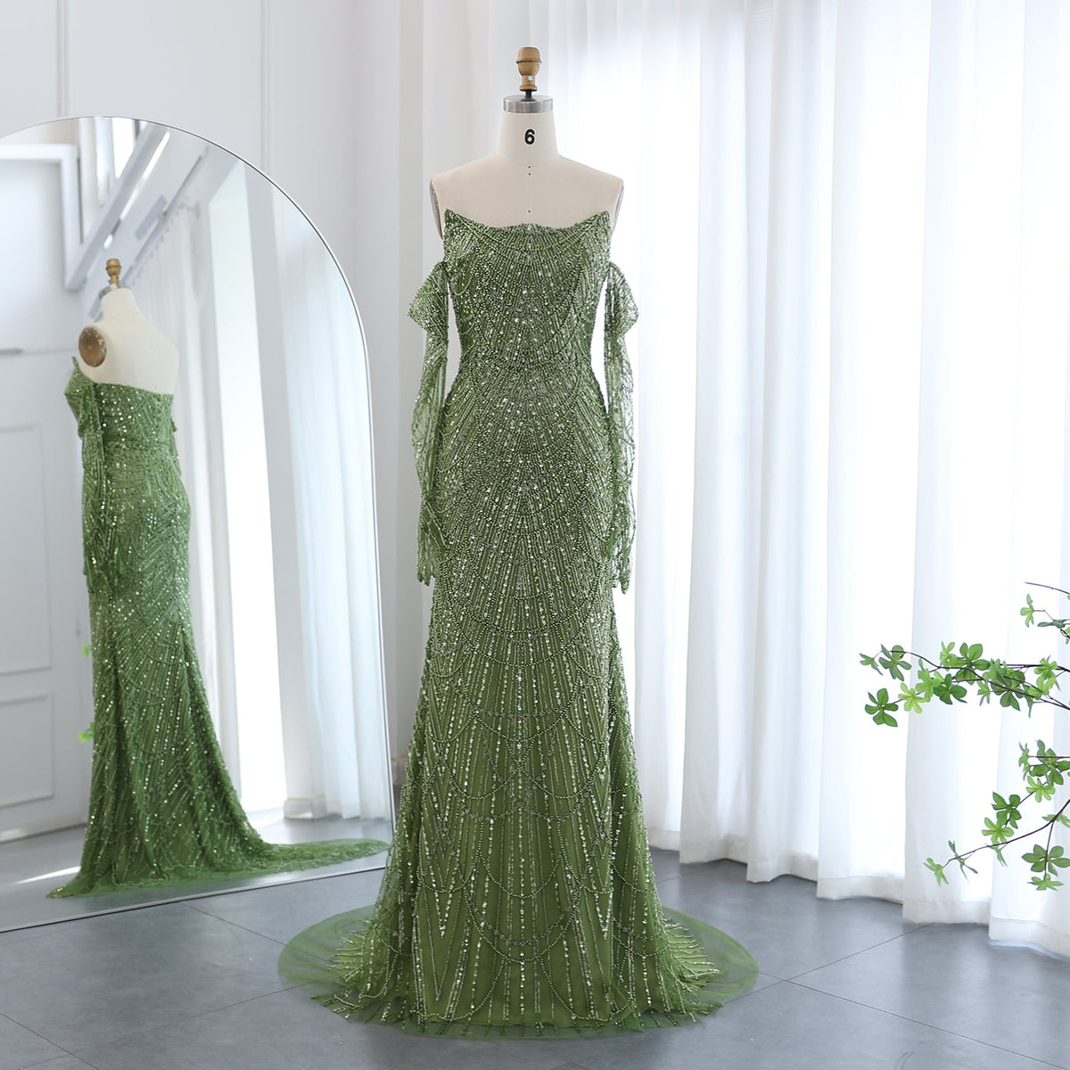 Luxury Beaded Green Mermaid Evening Dress with Gloves SS606