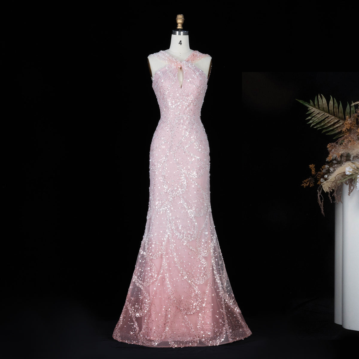Glamorous Pink Ombre Beaded Sequin Halter Evening Dress SS709