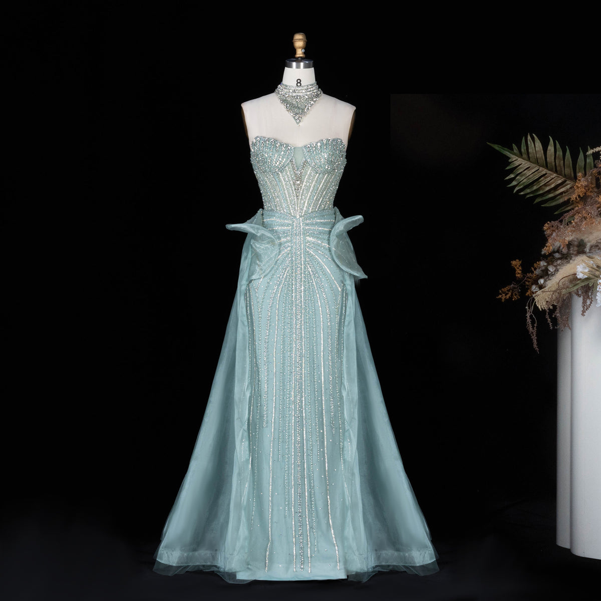 Luxury Champagne Beaded Mermaid Tulle Evening Dress with Overskirt SS139