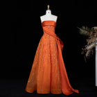 Orange Strapless Draped Satin Sequin Evening Dress