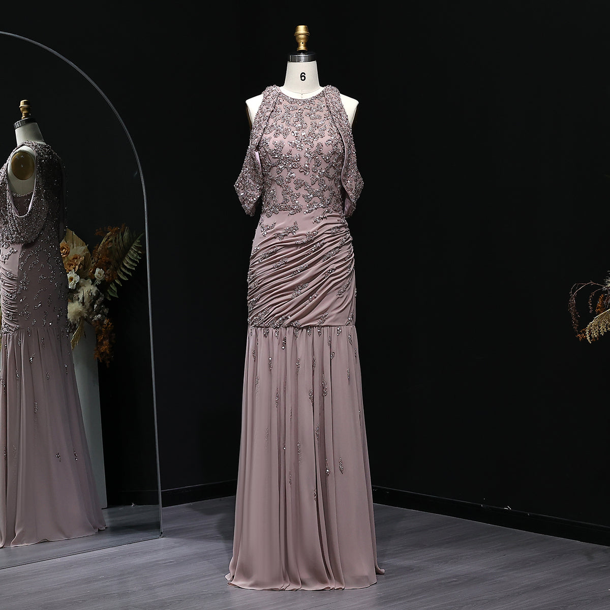 Exquisite Mauve Beaded Halter Cape Sleeves Evening Dress