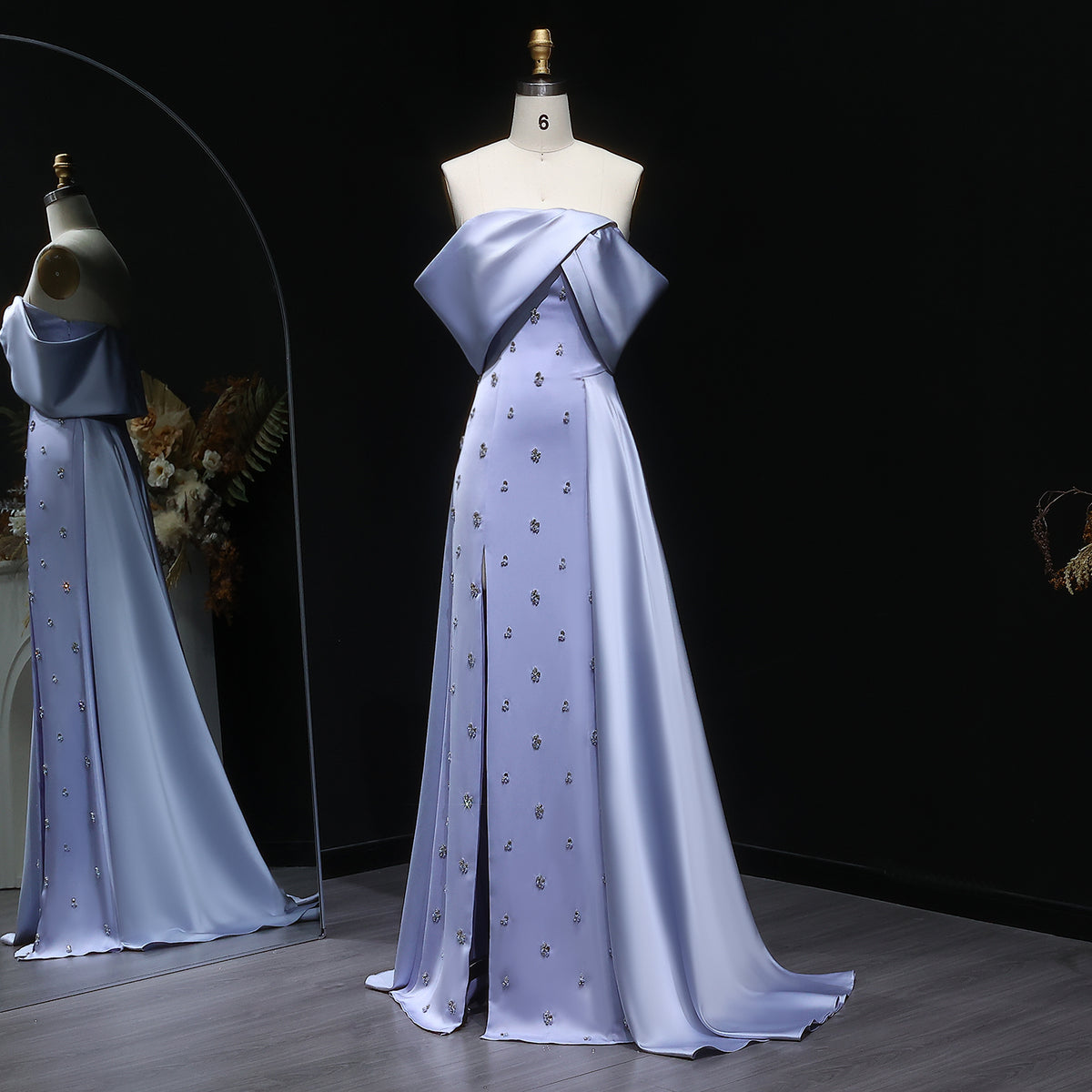 Luxury Blue Beaded High-Slit Evening Dress with Overskirt SF301