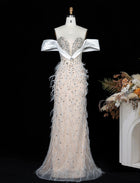 Luxury White Nude Off Shoulder Feather Mermaid Evening Dress