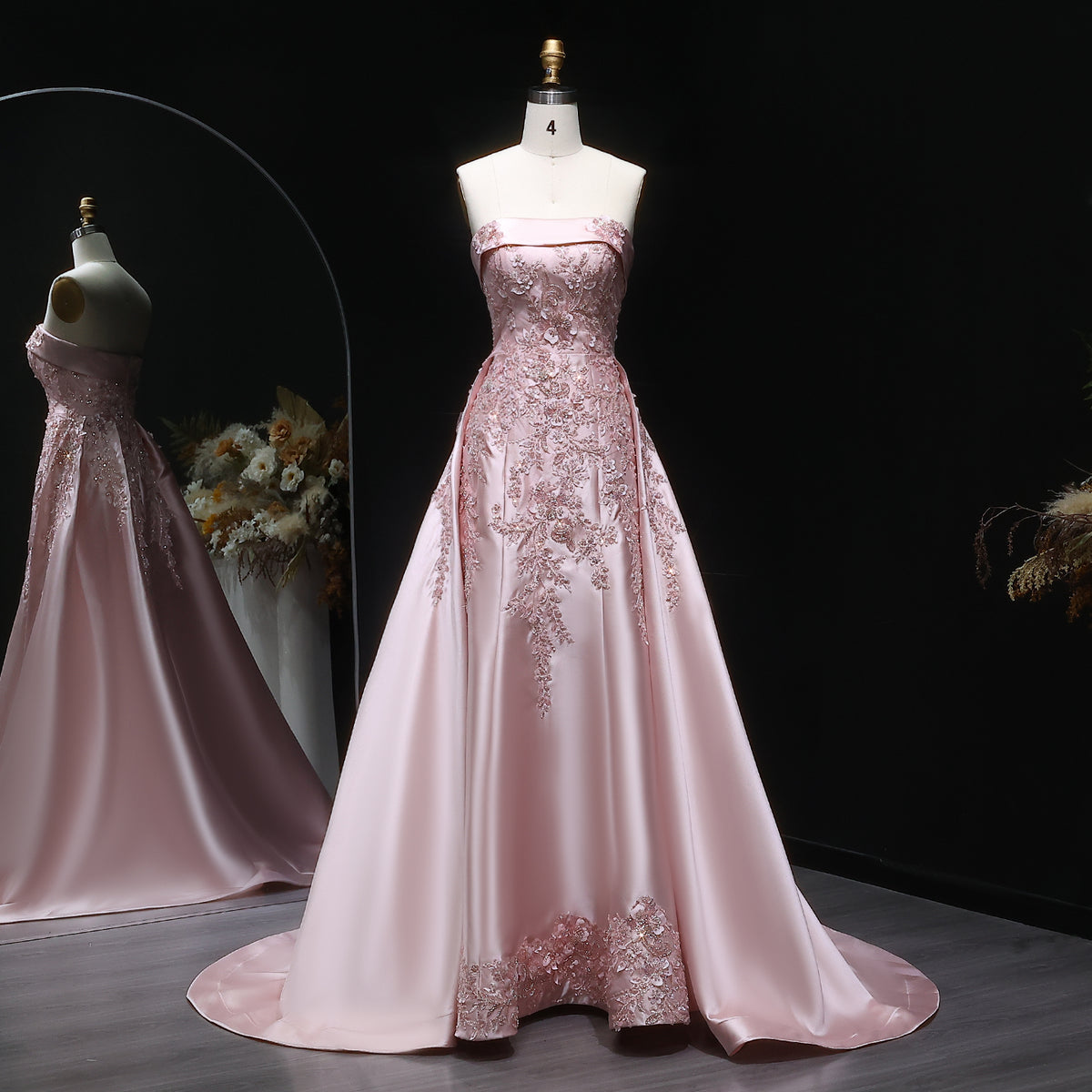 Luxury Strapless Pink 3D Floral Beaded Sequin Evening Dress with Overskirt XD067