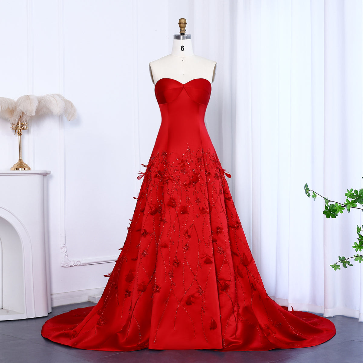 Luxury Feathers Coral Pink Beaded A-Line Evening Dresses SS470