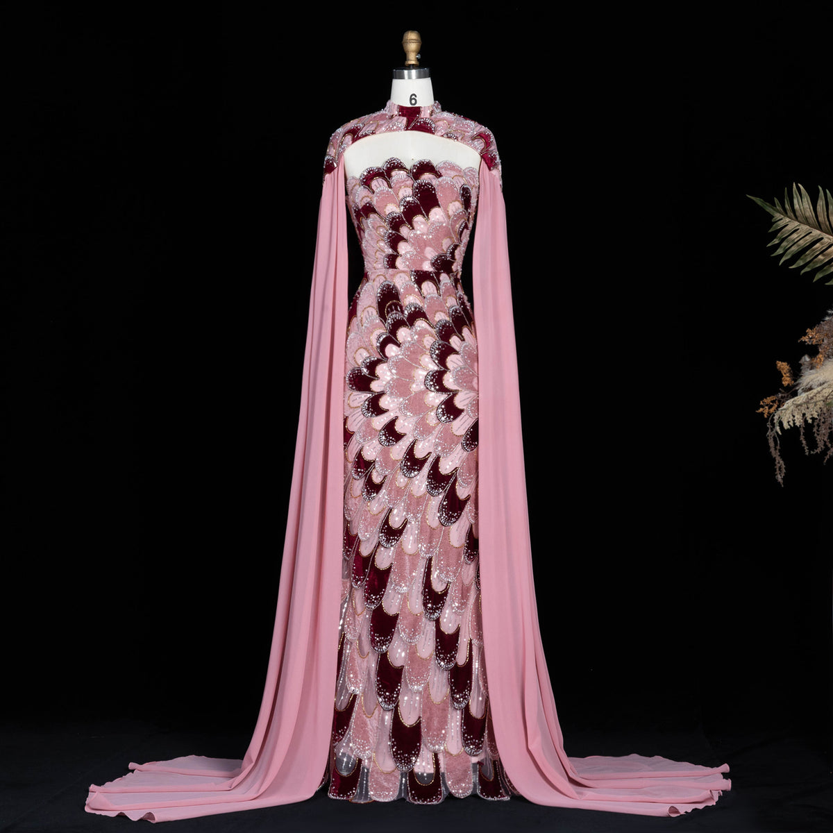 Elegant Pink Dimensional Velvet Crystal Mermaid Gala Evening Dress SS617