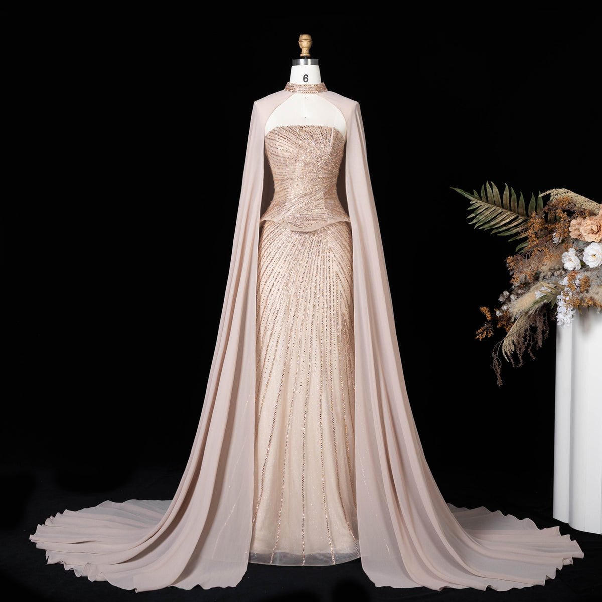 Elegant Pink Strapless Beaded Mermaid Evening Dress with Chiffon Cape SS112