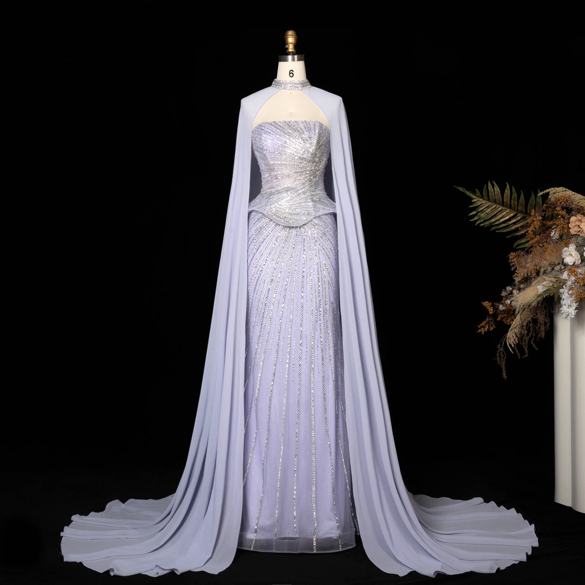 Elegant Pink Strapless Beaded Mermaid Evening Dress with Chiffon Cape SS112