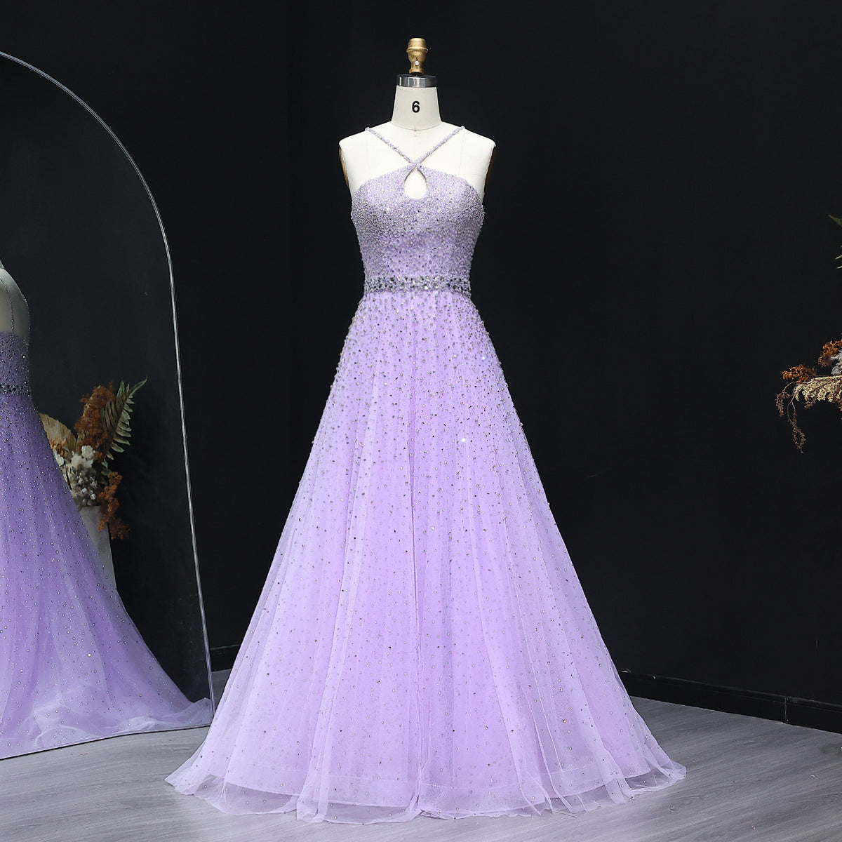Elegant Dusty Pink Halter Neck Beaded A-Line Evening Dress SS580