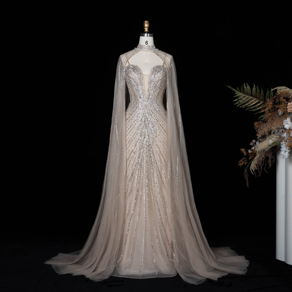Luxury Lilac High Neck Beaded Evening Dress with Cape Sleeves SS114