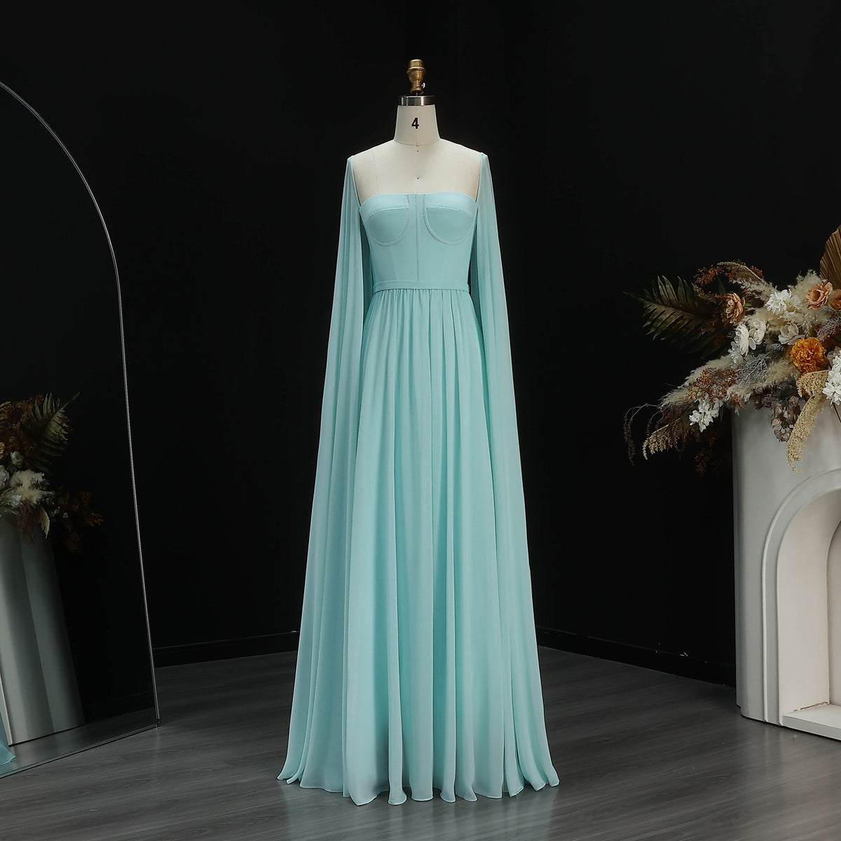 Luxury A-Line Chiffon Evening Dress with Cape Sleeves SF076