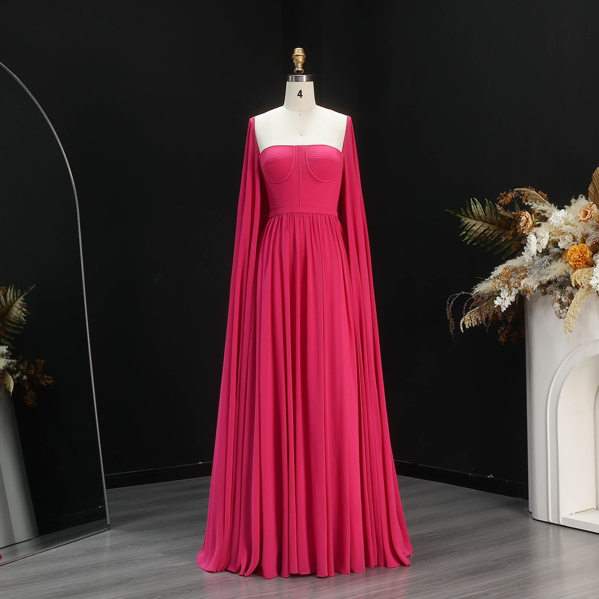 Luxury A-Line Chiffon Evening Dress with Cape Sleeves SF076