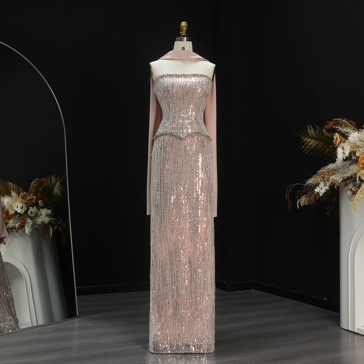 Luxury 2 Pieces Beaded Sequins Evening Dress with Scarf SS661