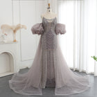 Luxury Silver Beaded Evening Dress with Puff Sleeves/Tulle Train SS289
