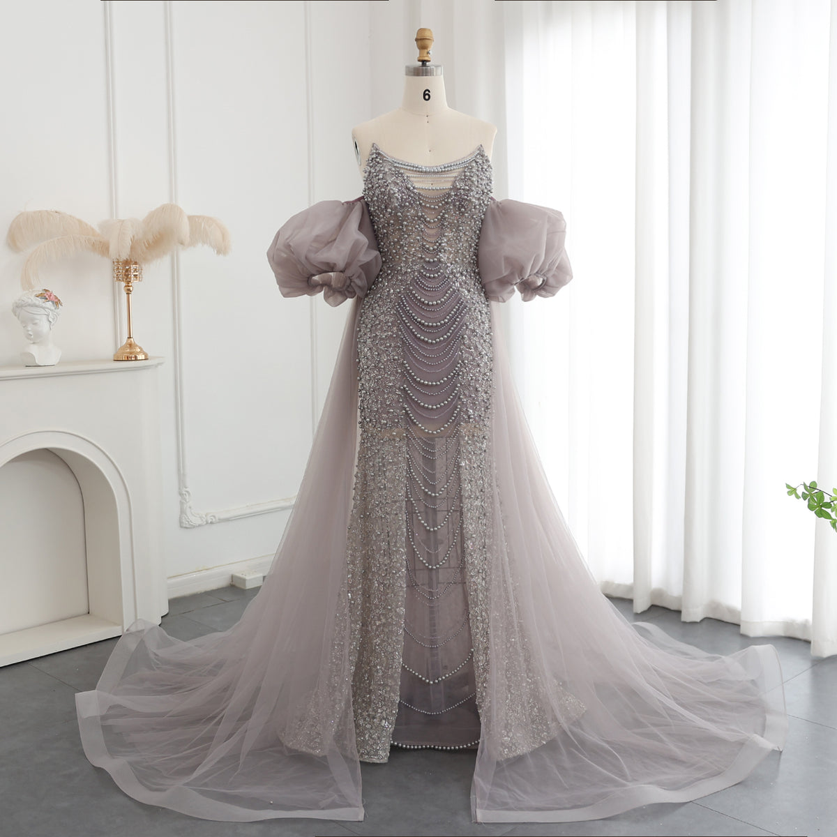 Luxury Silver Beaded Evening Dress with Puff Sleeves/Tulle Train SS289