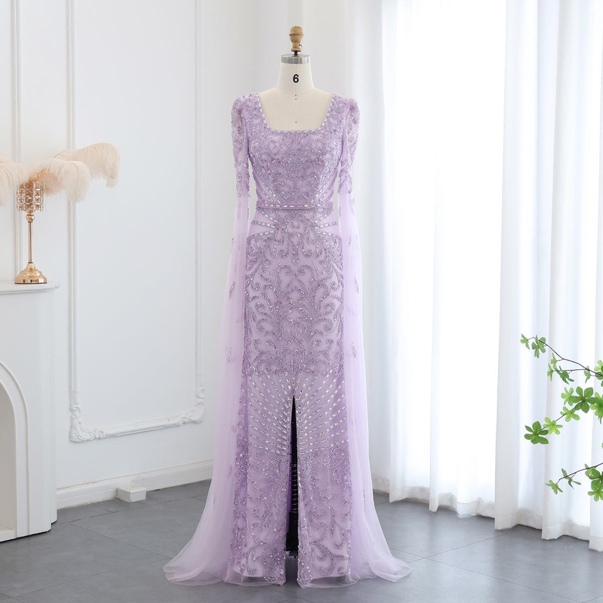 Luxury Beaded Turquoise Evening Dress with Cape Sleeves SS469