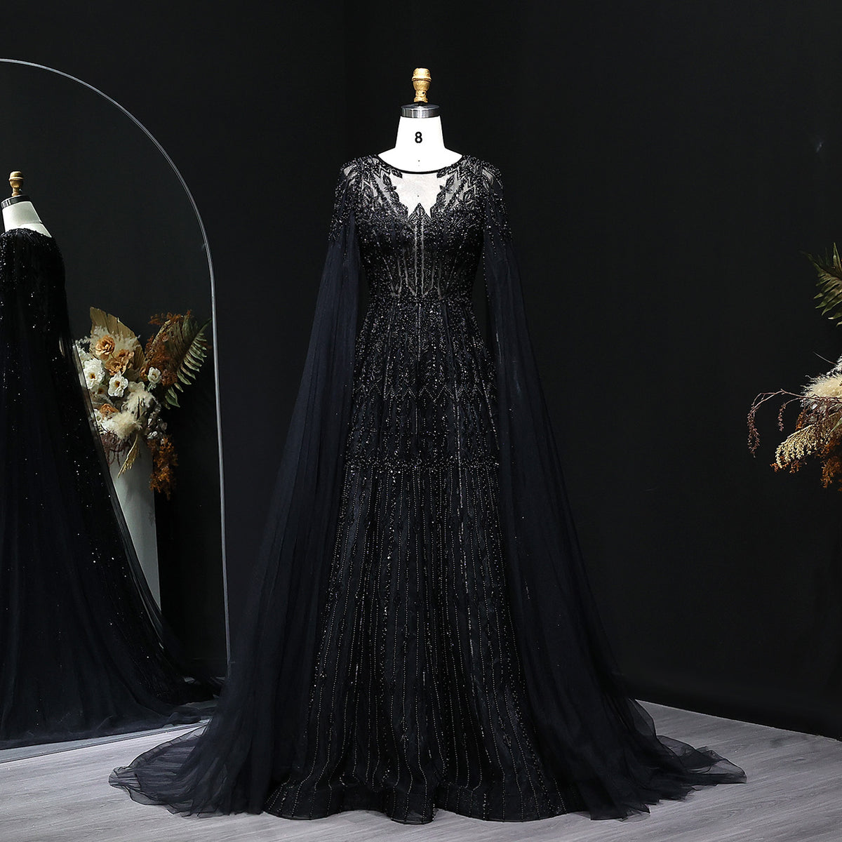 Luxury Blue Evening Dress with Cape Sleeves SS001