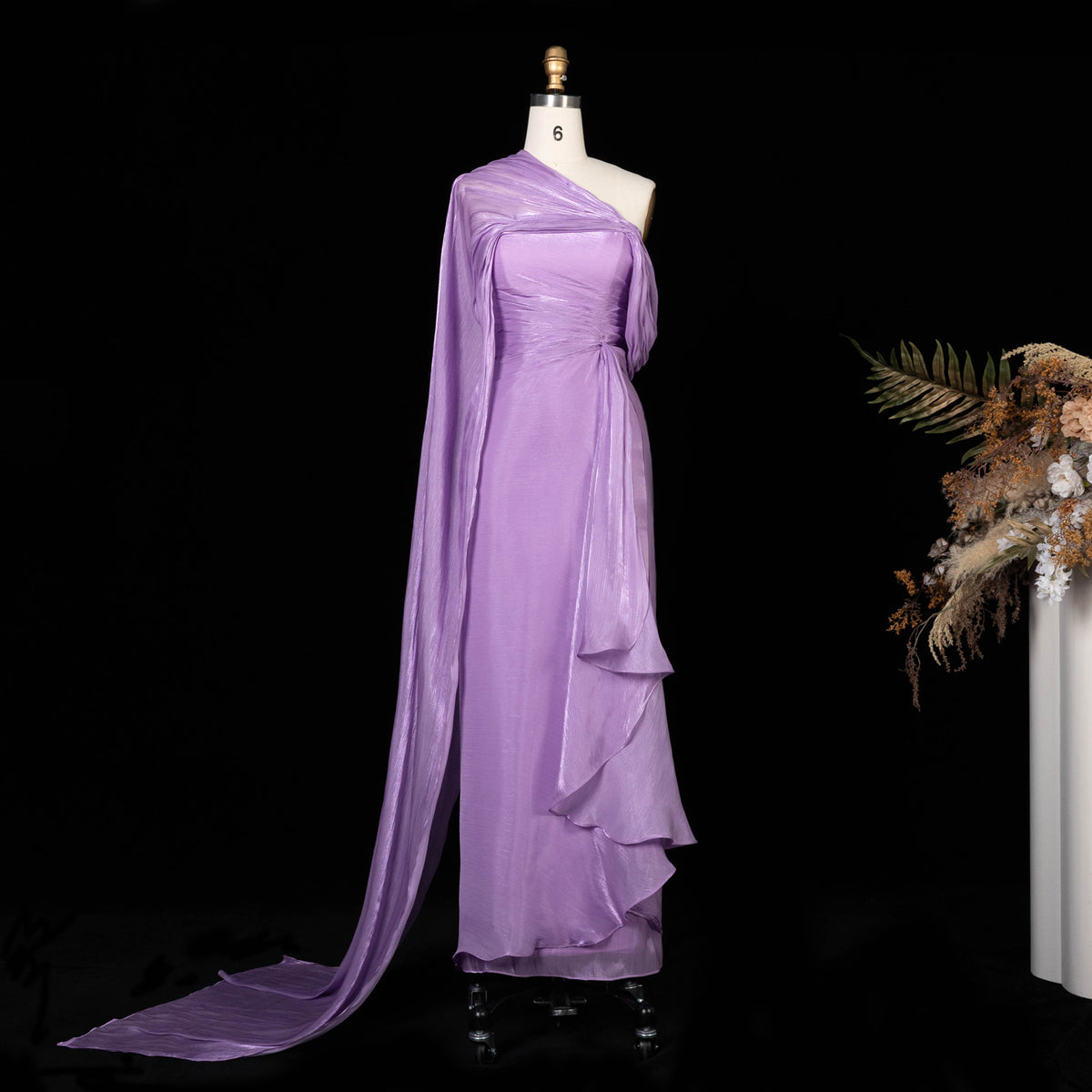 Elegant Lilac Draped Evening Dress with Cape SF199