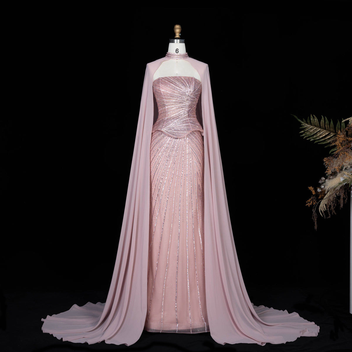Elegant Pink Strapless Beaded Mermaid Evening Dress with Chiffon Cape SS112