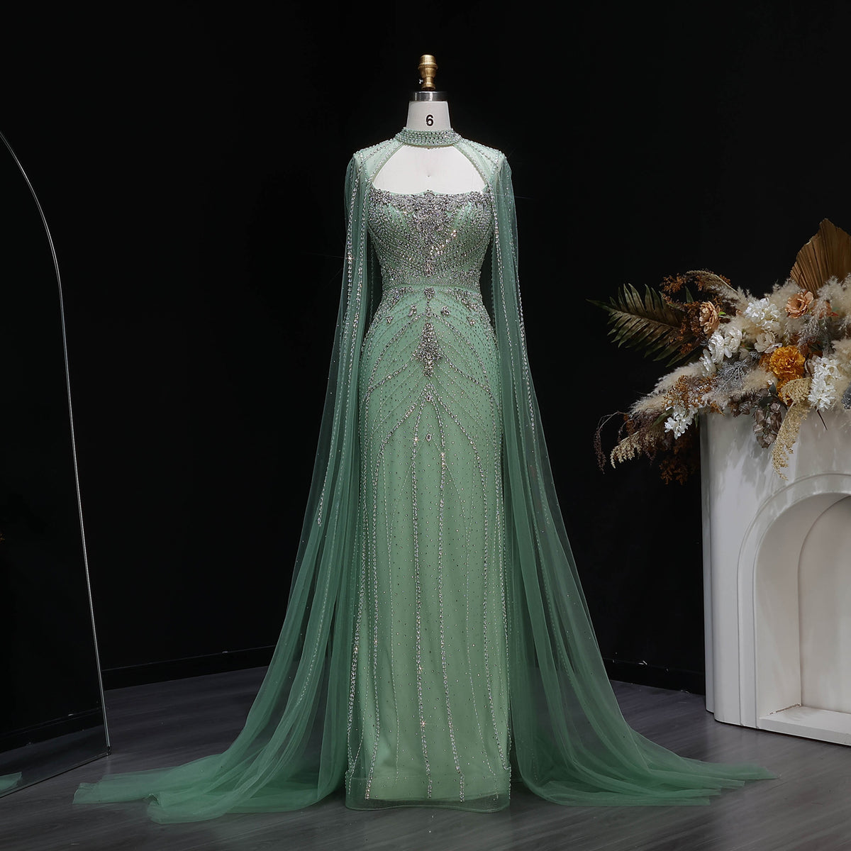 Elegant Champagne Halter Neck Beaded Evening Dress with Cape Sleeve SS131