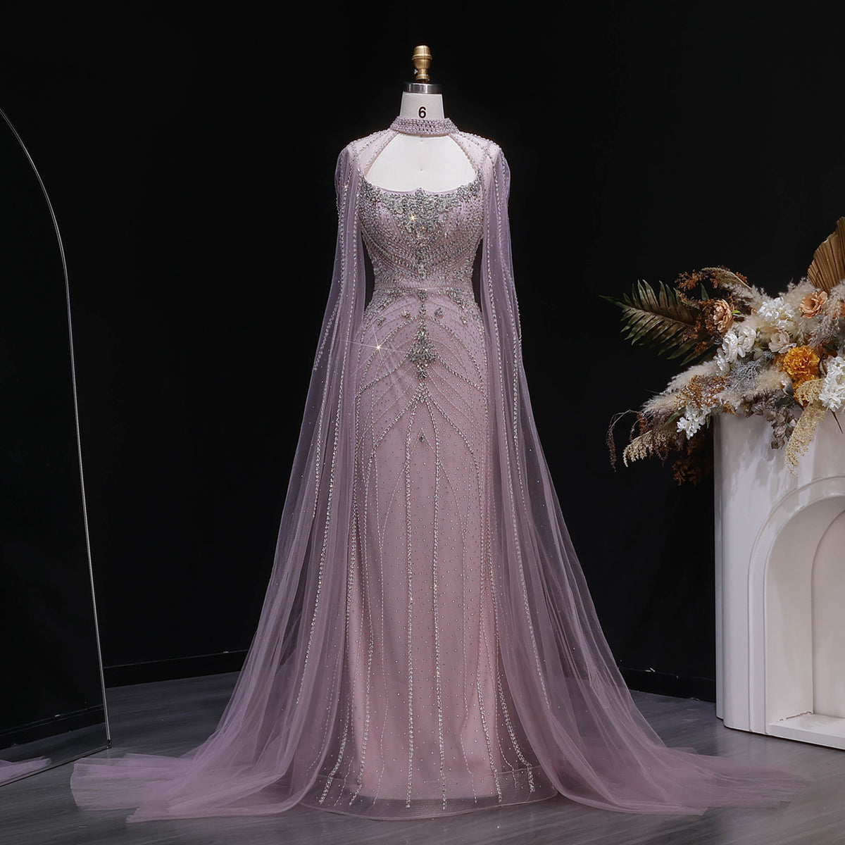 Elegant Champagne Halter Neck Beaded Evening Dress with Cape Sleeve SS131