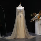 Elegant Champagne Halter Neck Beaded Evening Dress with Cape Sleeve SS131