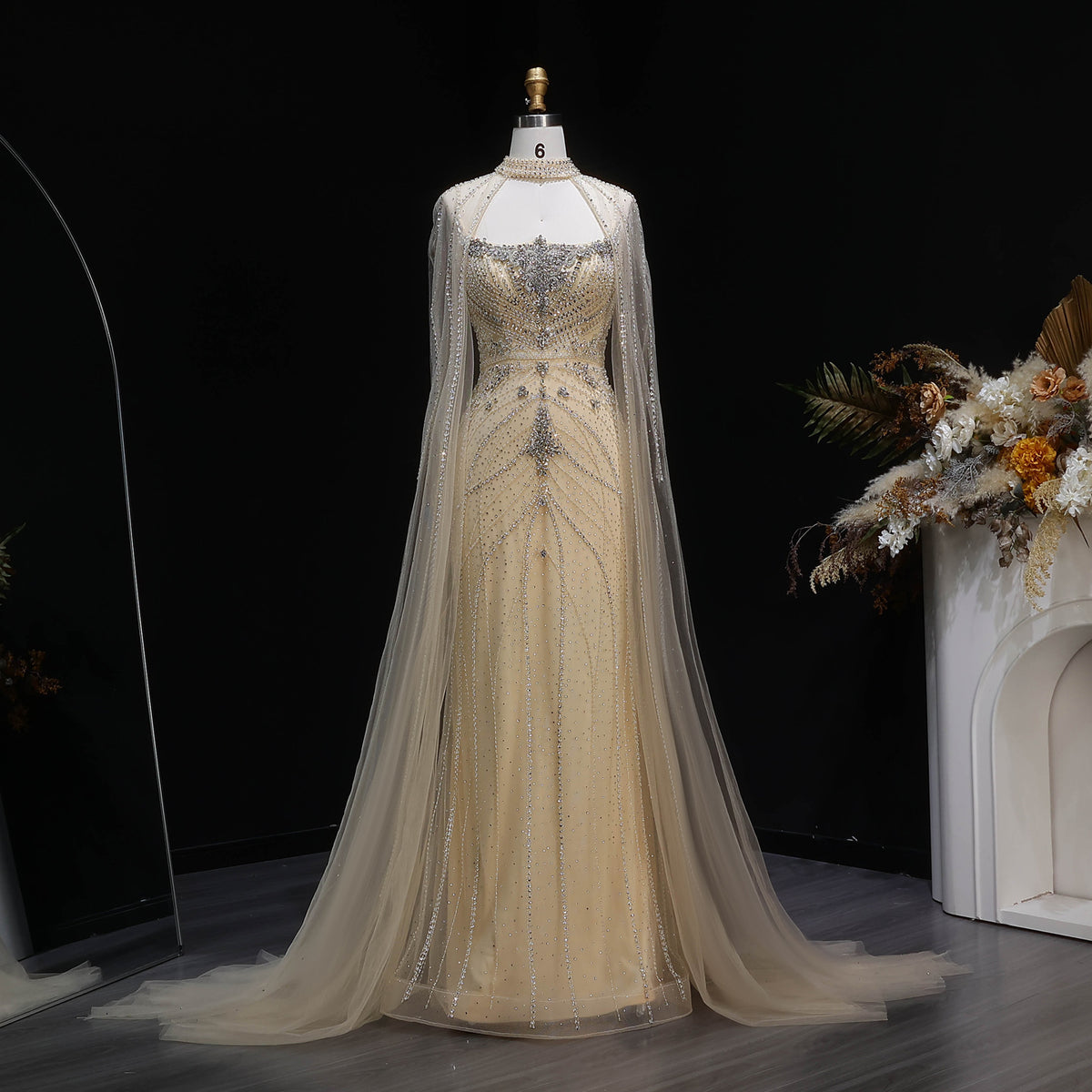 Elegant Champagne Halter Neck Beaded Evening Dress with Cape Sleeve SS131