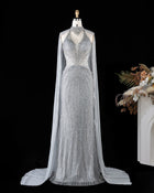 Crystal Beaded Halter Mermaid Evening Dress with Sheer Cape