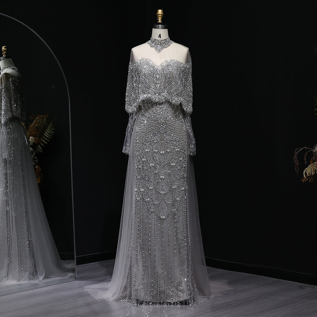 Gray Off Shoulder Beaded Evening Dress with Cape SS557