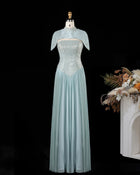 Aqua High-Neck Crystal Beaded Pleated Evening Dress with Cape SF415